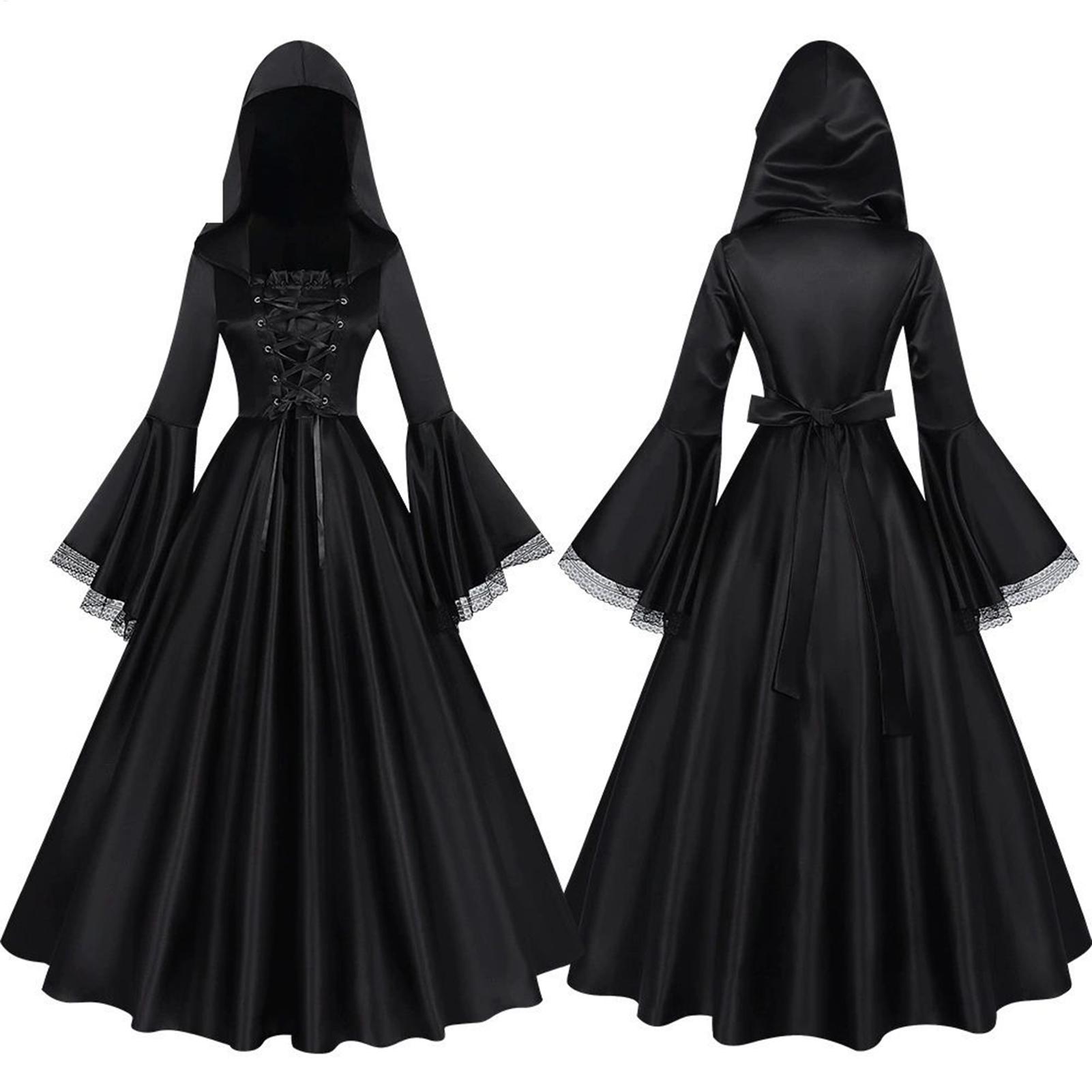 Medieval Renaissance Dress Women - ชุดแม่มดฮาโลวีน ชุดเดรสยาวสไตล์โกธิคยุคกลาง พร้อมฮู้ด ชุดคอสเพลย์ยุคเรอเนซองส์ ชุดแต่งกายสยองขวัญสำหรับผู้หญิง เหมาะสำหรับบ้านผีสิงและโรงละคร