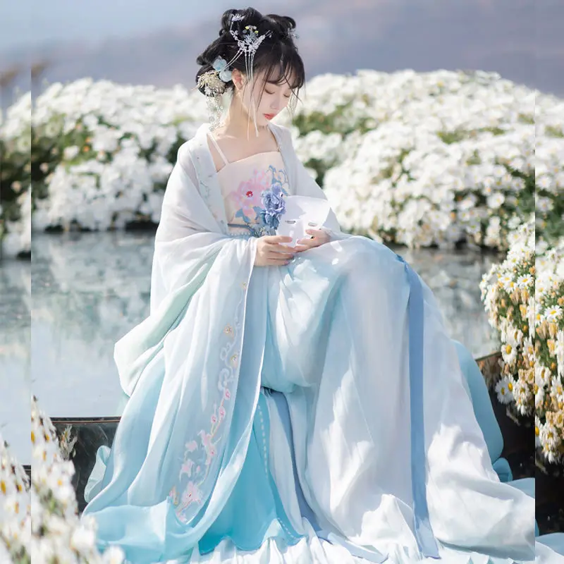 Costumes - ชุดฮันฝู ชุดโบราณจีนสำหรับผู้หญิง ชุดคอสเพลย์ฮันฝู สไตล์ราชวงศ์ถัง เสื้อแขนยาวสีไล่เฉด ชุดเต้นรำเทพธิดา